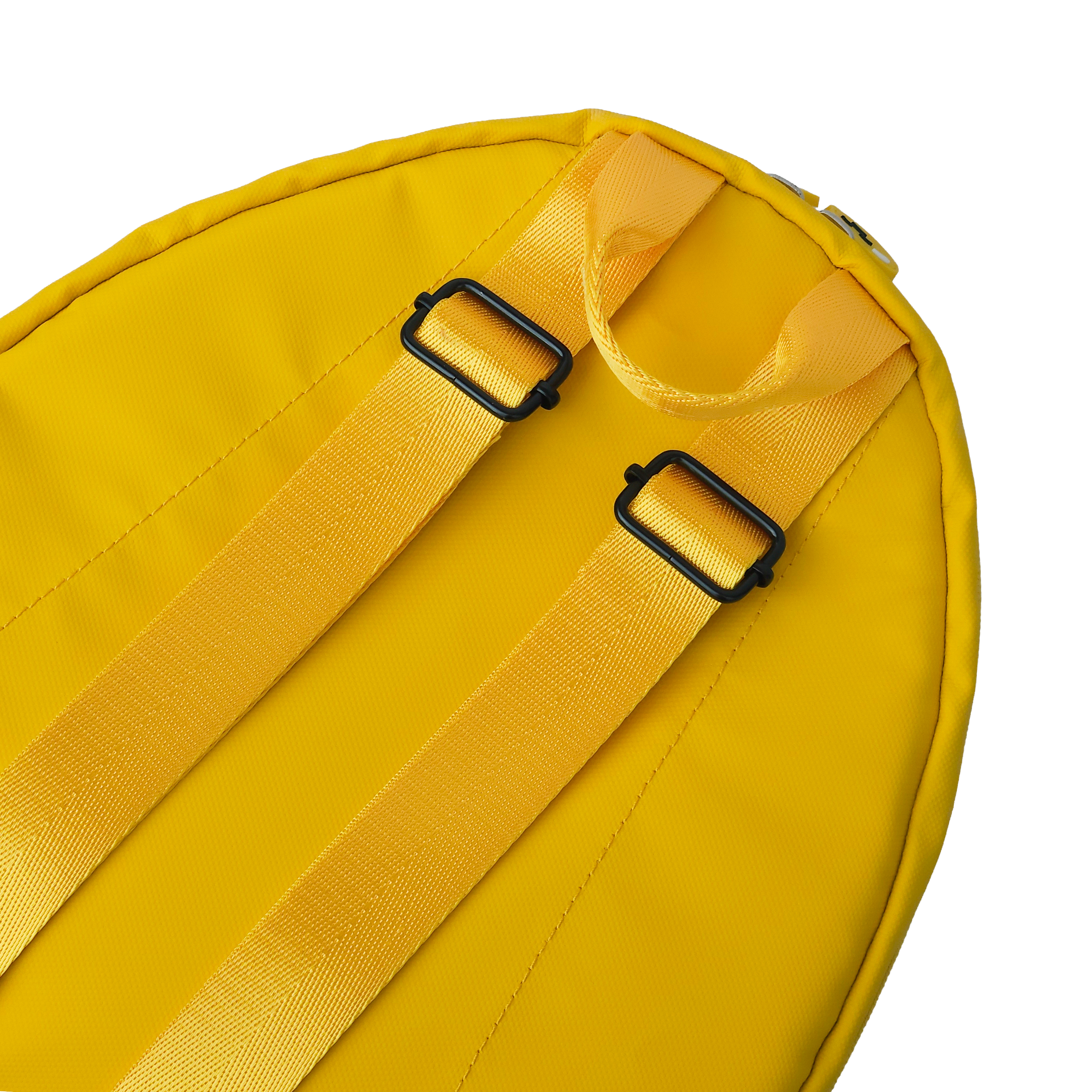 Closeup of the backstraps and black buckles on the Ldb Ledback Buddy Smart LED Backpack in Lemon Drop Yellow, shown from the back isolated on a transparent background.