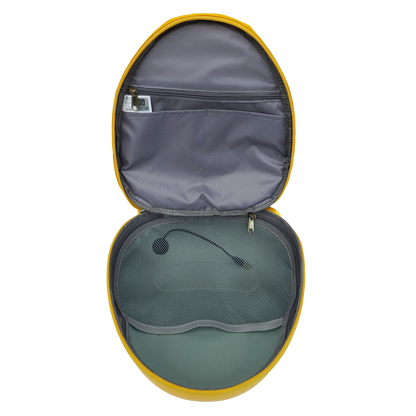 Grey inside of the Ldb Ledback Buddy Smart LED Backpack in Lemon Drop Yellow, with 1 large net pocket, 1 large, zipped pocket, and 2 smaller open pockets, shown from above isolated on a transparent background.