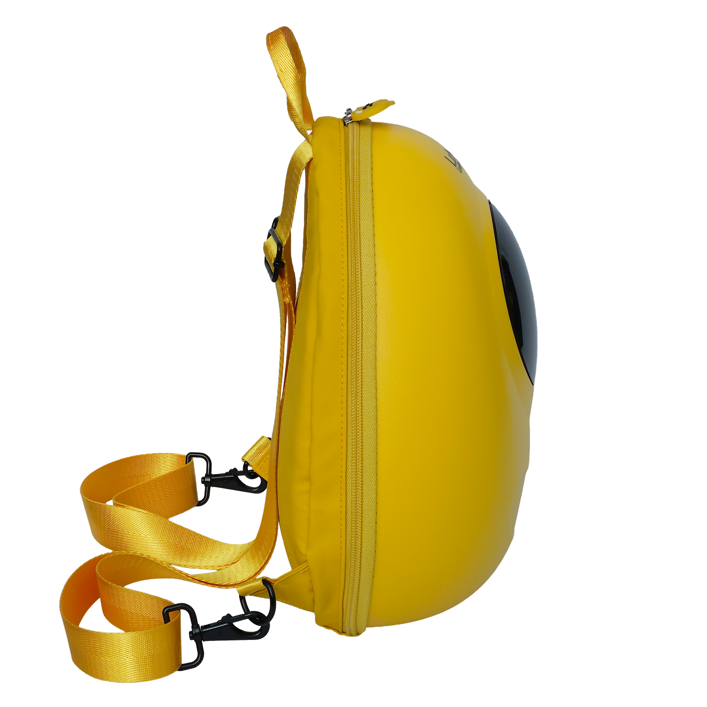 Ldb Ledback Buddy Smart LED Backpack in Lemon Drop Yellow with a blacked out round LED screen, shown from the side isolated on a transparent background.