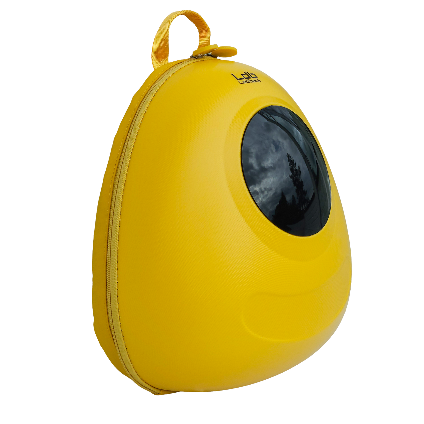 Ldb Ledback Buddy Smart LED Backpack in Lemon Drop Yellow with a blacked out round LED screen, shown obliquely from the front isolated on a transparent background.