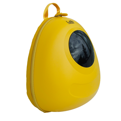 Ldb Ledback Buddy Smart LED Backpack in Lemon Drop Yellow with a blacked out round LED screen, shown obliquely from the front isolated on a transparent background.