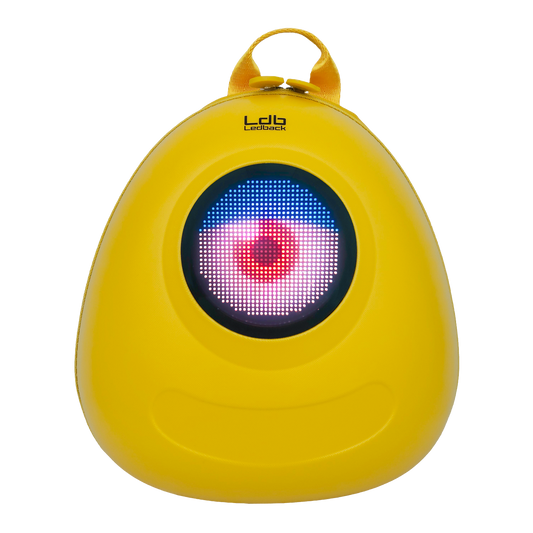 Ldb Ledback Buddy Smart LED Backpack in Lemon Drop Yellow with a round LED screen displaying a white eye with red pupil and a half shut blue eye lid, shown from the front isolated on a transparent background.