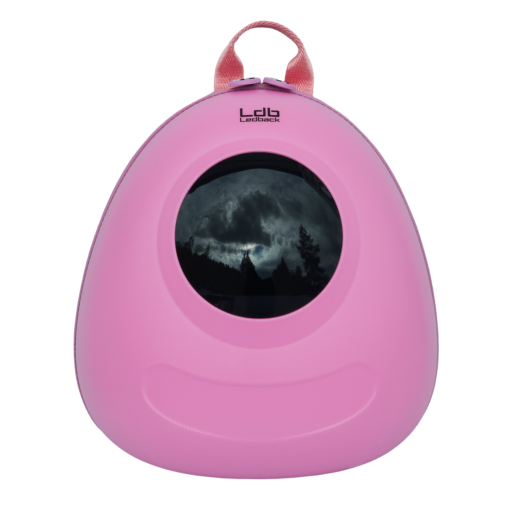 Ldb Ledback Buddy Smart LED Backpack in Raspberry Sorbet Pink with a blacked out round LED screen, shown from the front isolated on a transparent background.