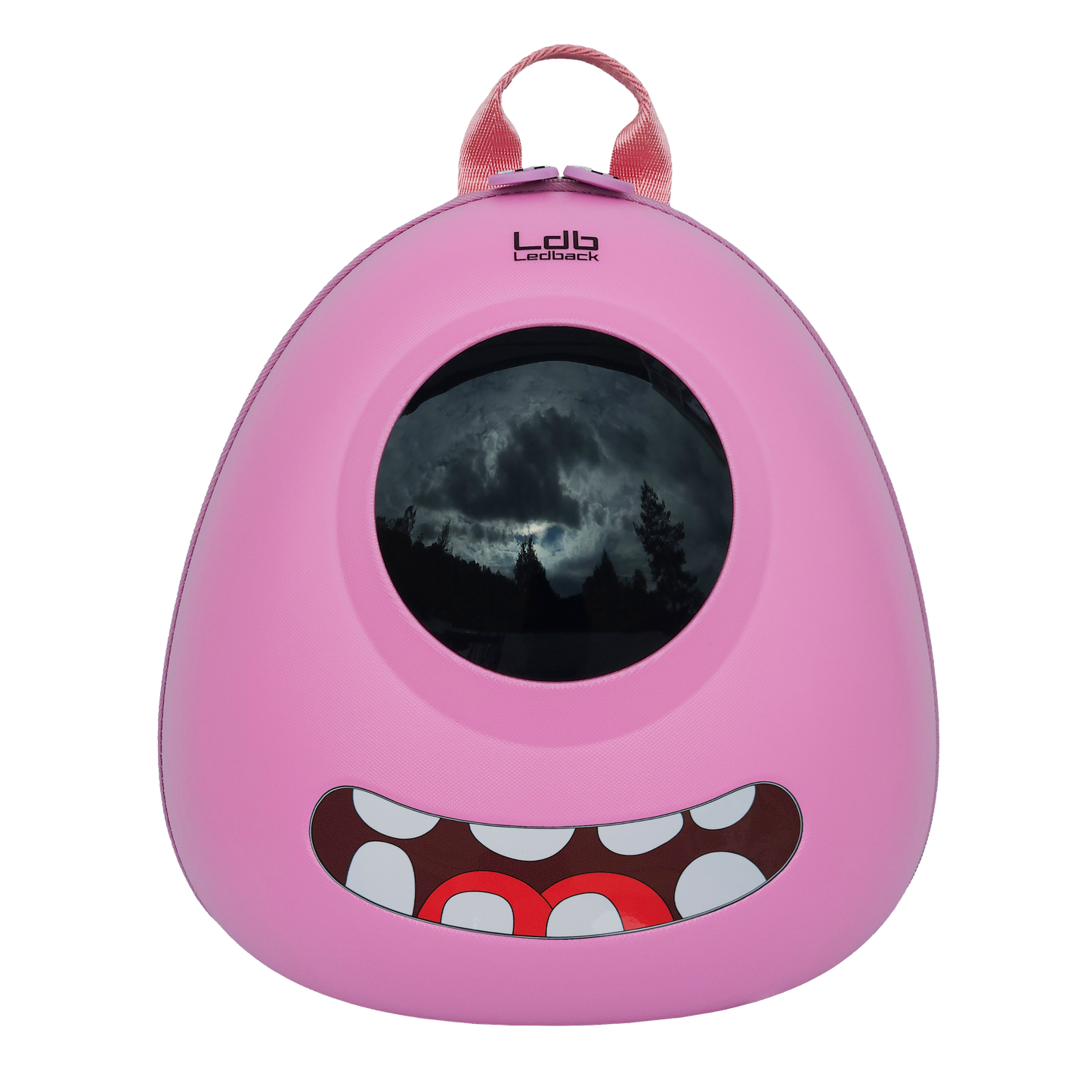 Ldb Ledback Buddy Smart LED Backpack in Raspberry Sorbet Pink with a blacked out round LED screen and a teeth sticker showing a smiling mouth, shown from the front isolated on a transparent background.