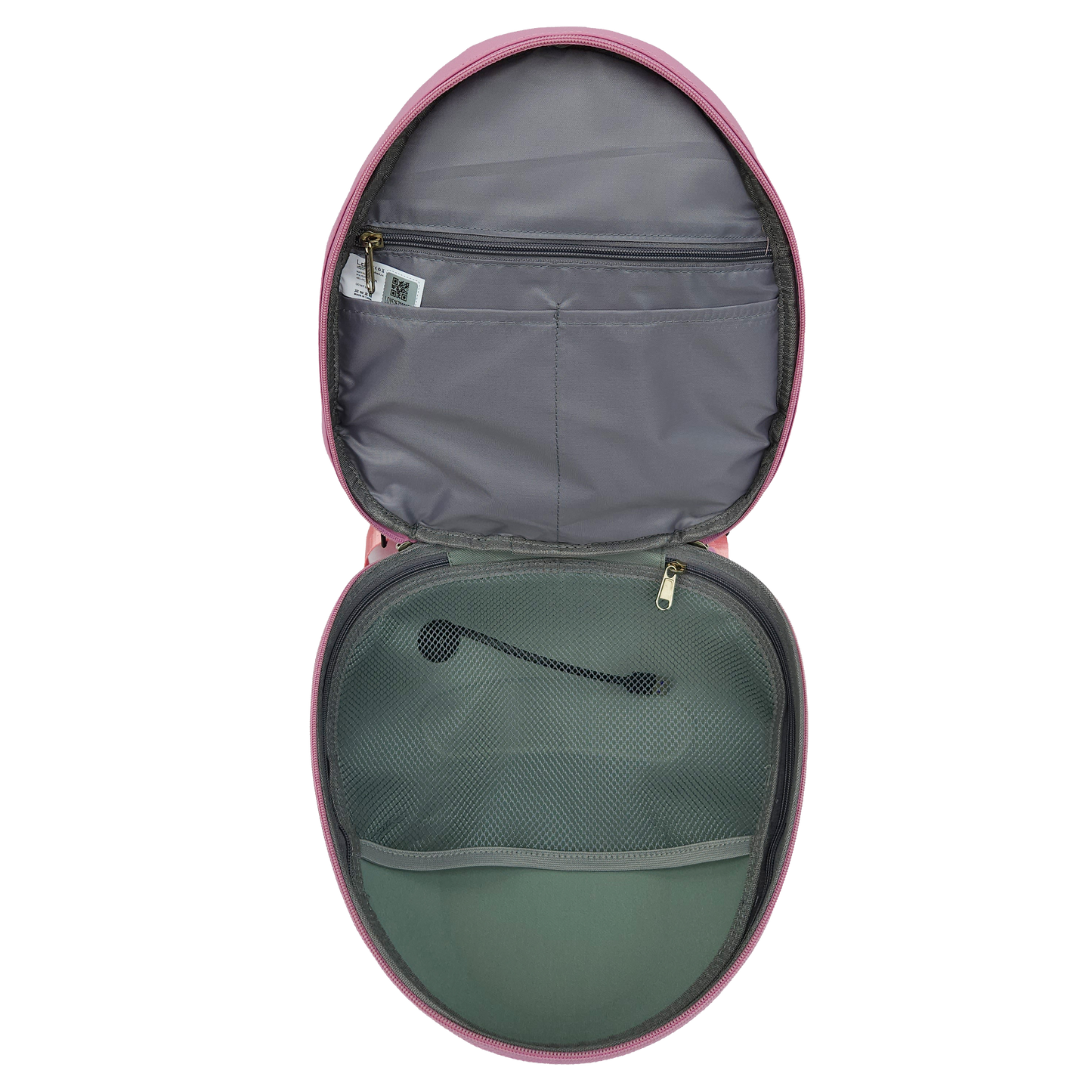 Grey inside of the Ldb Ledback Buddy Smart LED Backpack in Raspberry Sorbet Pink, with 1 large net pocket, 1 large, zipped pocket, and 2 smaller open pockets, shown from above isolated on a transparent background.