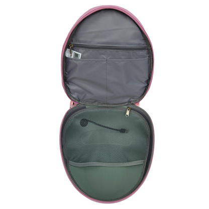 Grey inside of the Ldb Ledback Buddy Smart LED Backpack in Raspberry Sorbet Pink, with 1 large net pocket, 1 large, zipped pocket, and 2 smaller open pockets, shown from above isolated on a transparent background.