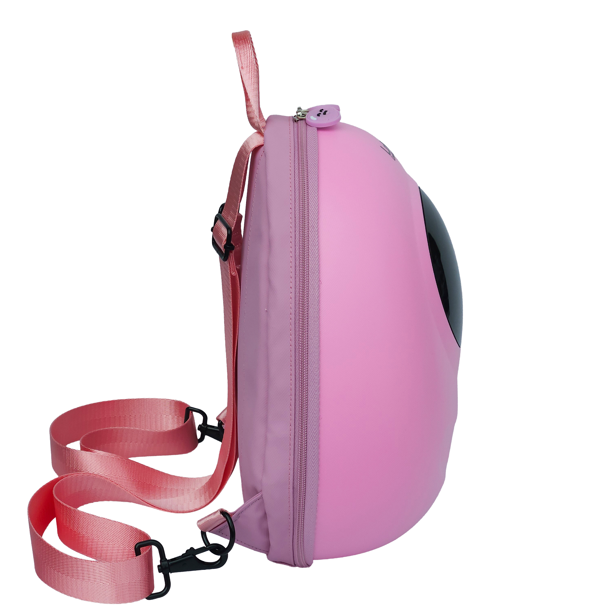 Ldb Ledback Buddy Smart LED Backpack in Raspberry Sorbet Pink with a blacked out round LED screen, shown from the side isolated on a transparent background.