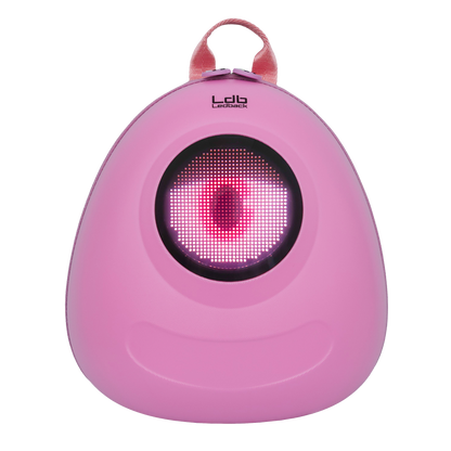 Ldb Ledback Buddy Smart LED Backpack in Raspberry Sorbet Pink with a round LED screen displaying a white eye with a pink and red pupil and a half shut pink eye lid, shown from the front isolated on a transparent background.