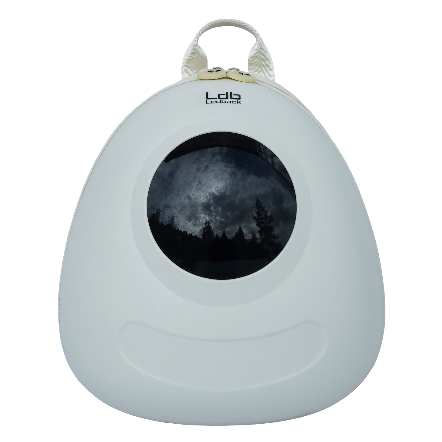 Ldb Ledback Buddy Smart LED Backpack in Whipped Cream White with a blacked out round LED screen, shown from the front isolated on a transparent background.