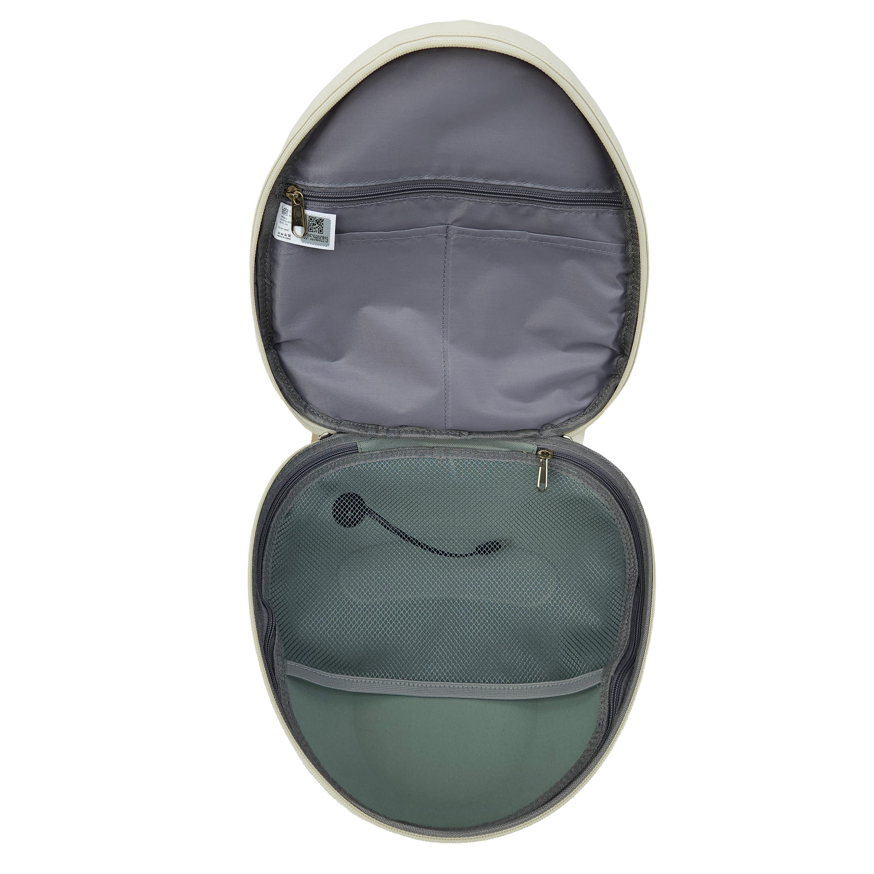 Grey inside of the Ldb Ledback Buddy Smart LED Backpack in Whipped Cream White, with 1 large net pocket, 1 large, zipped pocket, and 2 smaller open pockets, shown from above isolated on a transparent background.