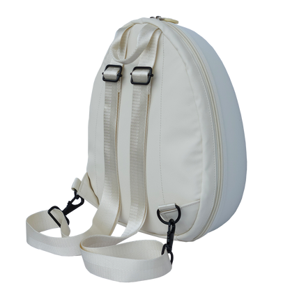 Ldb Ledback Buddy Smart LED Backpack in Whipped Cream White shown obliquely from the back isolated on a transparent background.