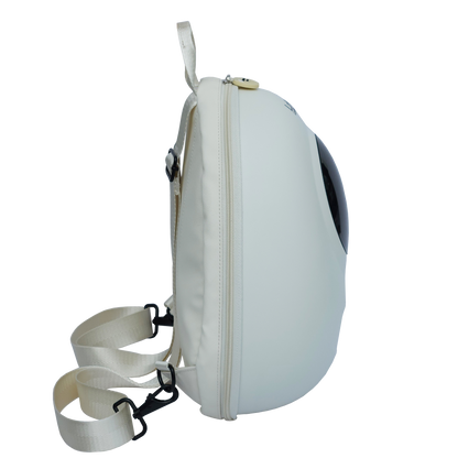 Ldb Ledback Buddy Smart LED Backpack in Whipped Cream White with a blacked out round LED screen, shown from the side isolated on a transparent background.
