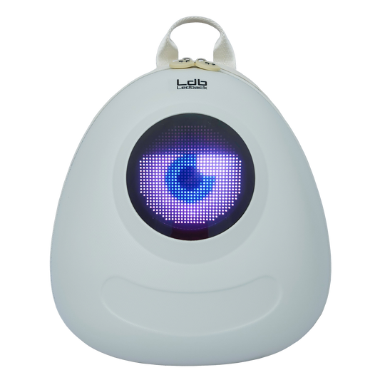 Ldb Ledback Buddy Smart LED Backpack in Whipped Cream White with a round LED screen displaying a white eye with blue pupil and a half shut black eye lid, shown from the front isolated on a transparent background.