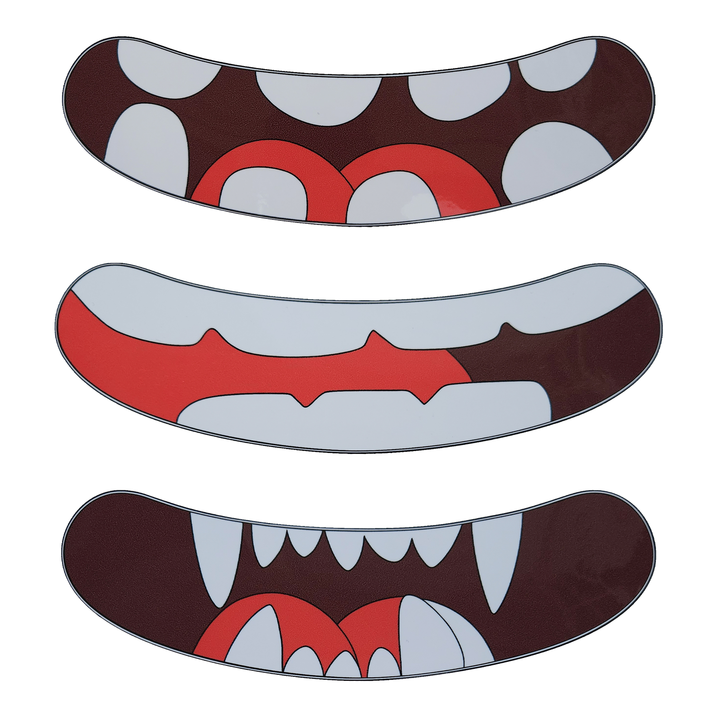 3 different styles of teeth stickers for the Ldb Ledback buddy Smart LED Backpack. One with rounded teeth, one with flat teeth, and one with pointy teeth with long fangs, all with visible tongues. The Teeth stickers can be applied to a specific smiling-mouth shaped section on the outside of the hardcase Ledback Buddy Bag.