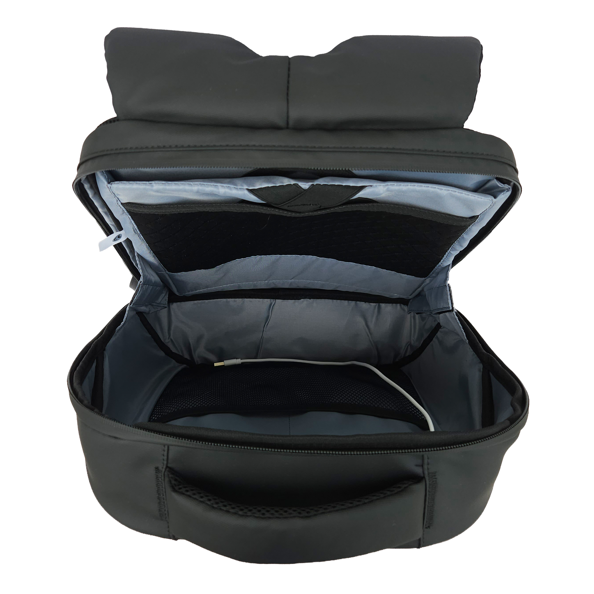 Light blue/grey inside of the Black Ldb Ledback HD Smart LED Laptop Backpack displaying multiple pockets and the white USB cable for the LED screen, viewed from the top isolated on a transparent background.