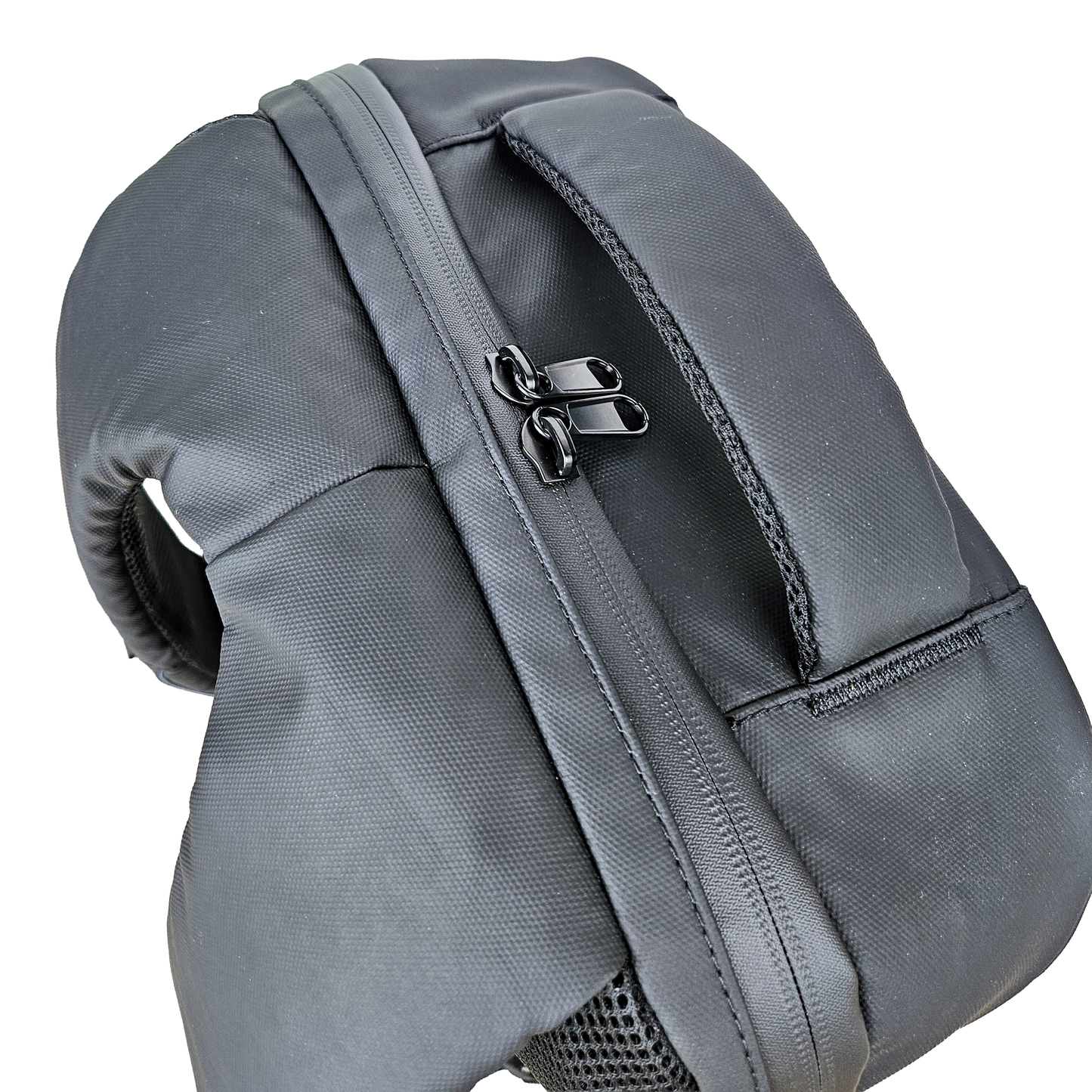 Top view of a Black Ldb Ledback HD Smart LED Laptop Backpack, displaying the sealed and waterproof double zipper, viewed from the top isolated on a transparent background.