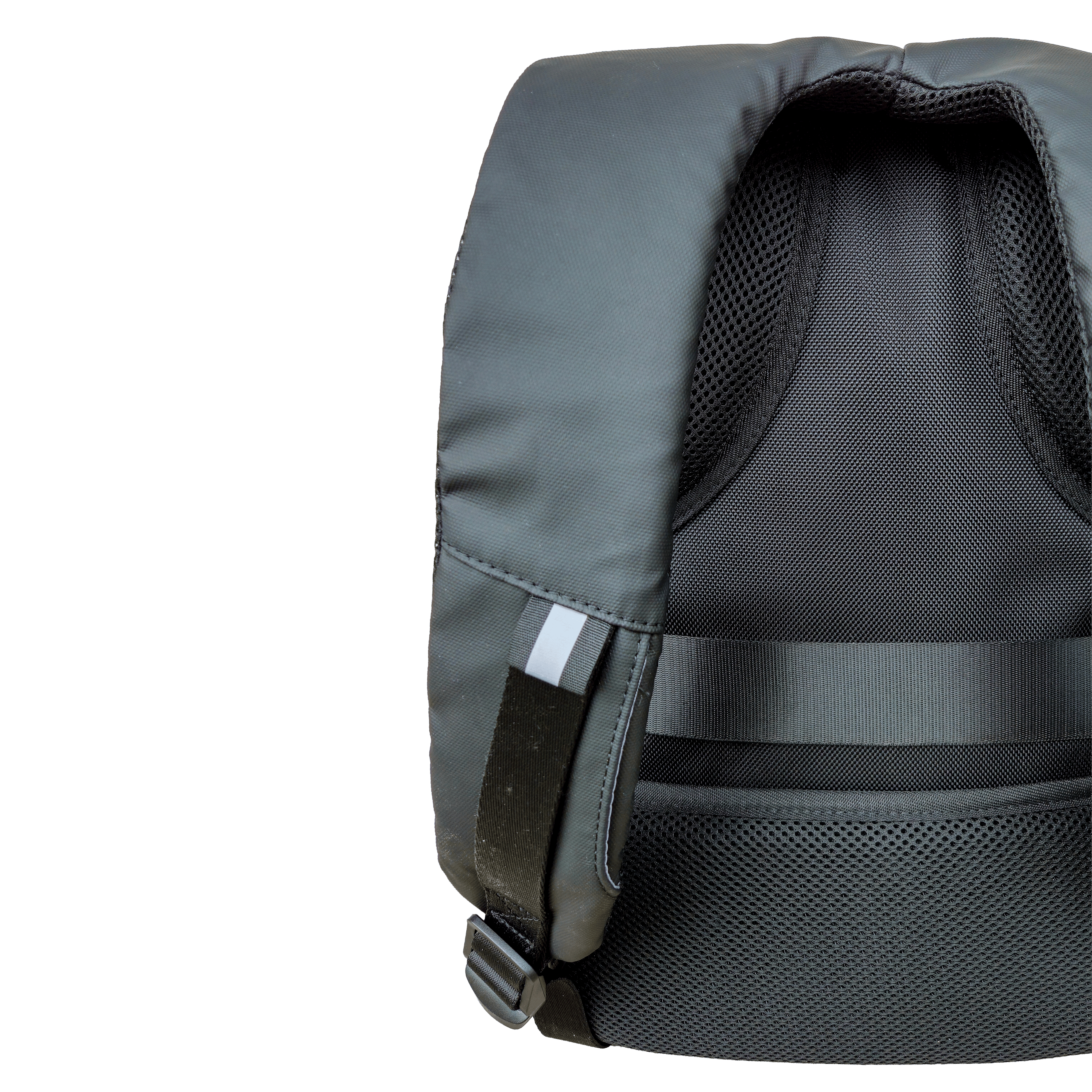 Right shoulder strap and padded and padded and meshed back of the Black Ldb Ledback HD Smart LED Laptop Backpack isolated on a transparent background.