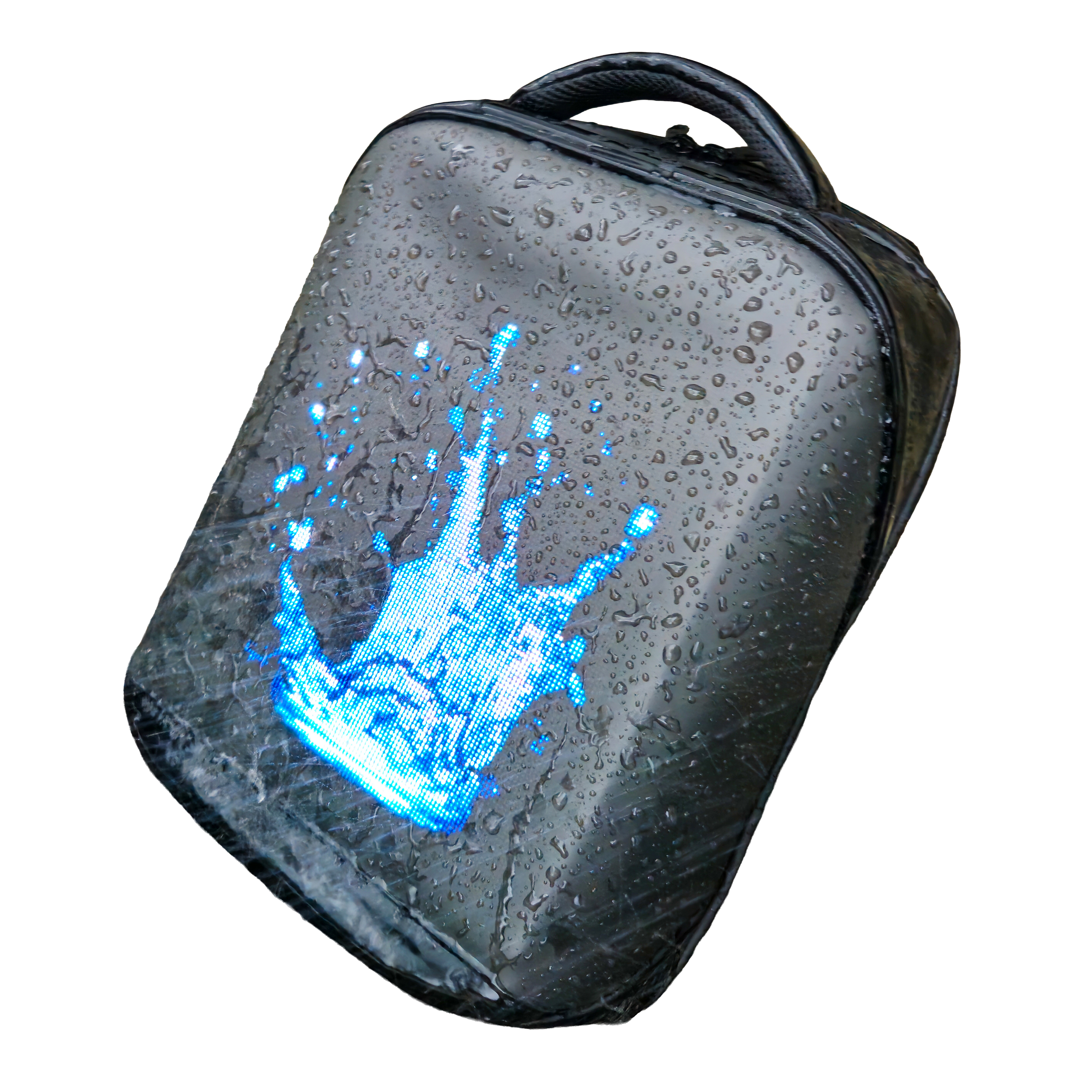 Front of the Black Ldb Ledback HD Smart LED Laptop Backpack, with the LED screen displaying a blue splash of water, and the whole bag splashed with water to show its waterproof capabilities. Displayed isolated on a transparent background.