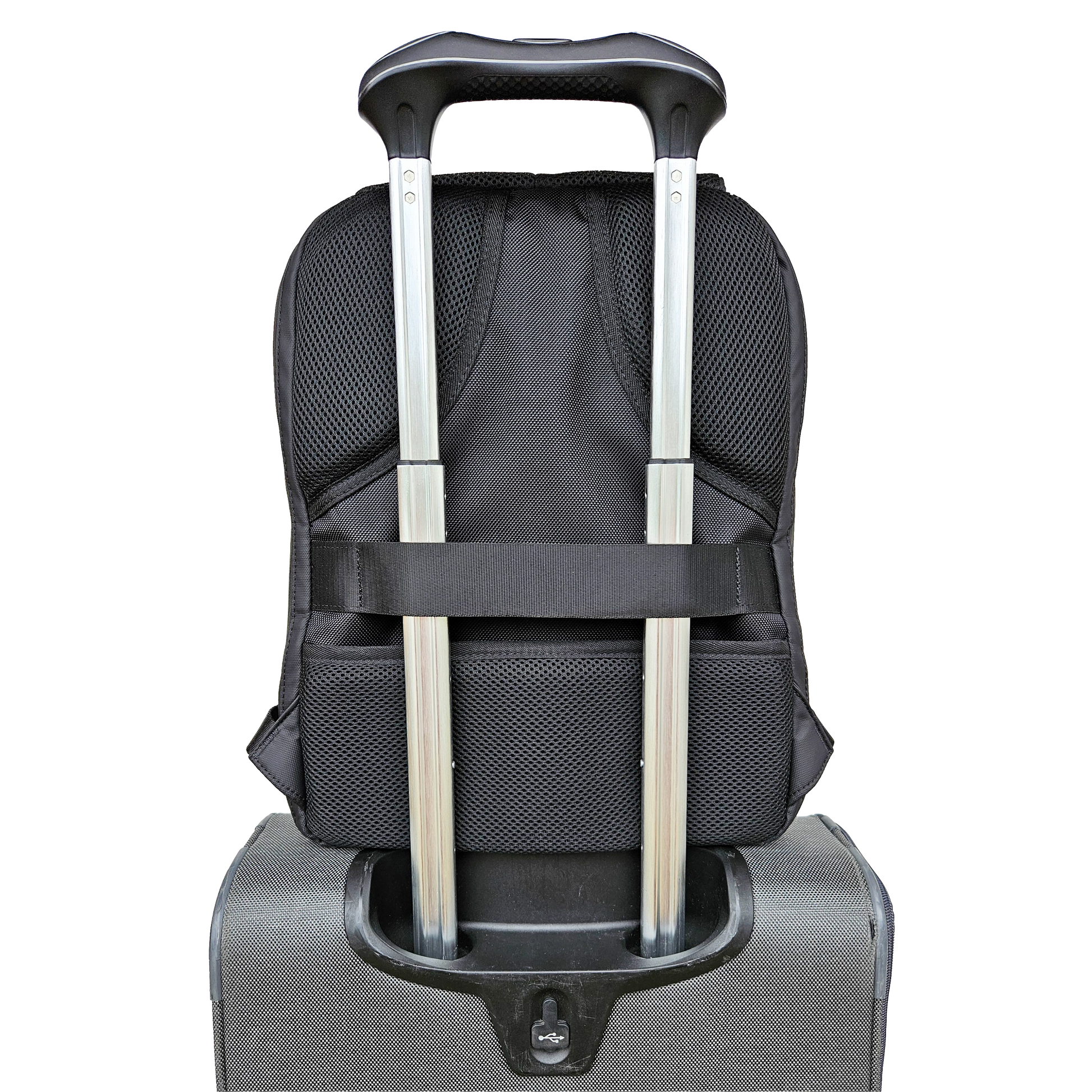 Black Ldb Ledback HD Smart LED Laptop Backpack shown on top of luggage displaying the luggage strap around the luggage telescope handle, shown from the back isolated on a transparent background.
