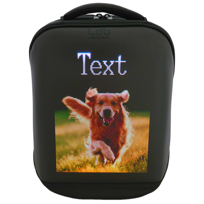 Black Ldb Ledback HD Smart LED Laptop Backpack with the LED screen displaying a picture of a golden retriever running through a sunny field, with an additional text field above the picture, viewed from the front isolated on a transparent background.