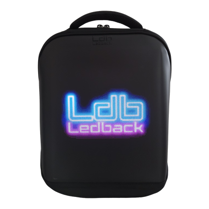 Black Ldb Ledback HD Smart LED Laptop Backpack with the LED screen showing the Ldb Ledback logo in Blue and Pink, viewed obliquely from the front isolated on a transparent background.